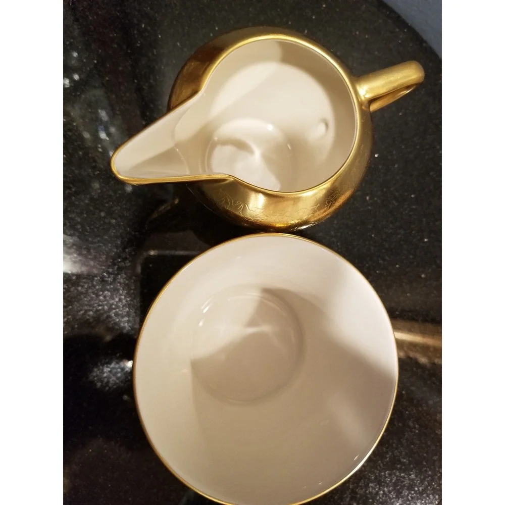 Vintage Pickard China DAISY Pattern Gold Creamer & Open Sugar Bowl Set #486
